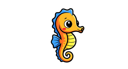 Fototapeta premium Adorable cartoon seahorse with orange body and blue fins isolated on white background