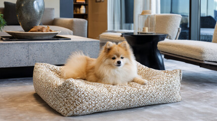 Elegant geometric patterned dog bed, covered with soft fur, in a modern living room setting, sunlight shines through the large windows on the dog, creating a cozy atmosphere.