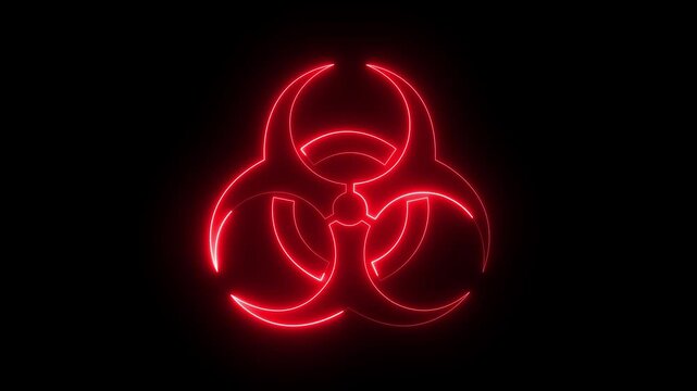 Glowing neon biohazard icon isolated on black background. Bio hazard warning icon quarantine poster. Biological threat, infection warn, toxic waste area, danger zone.