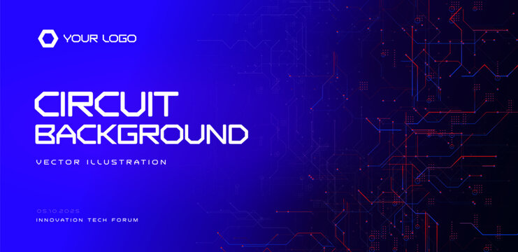 Circuit technology background with red and blue PCB lines and nodes on dark gradient. Electronics hardware, microchip schematic pattern. Circuit designs for tech semiconductor. Vector illustration