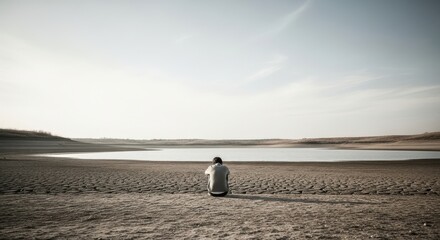 A solitary figure sits on cracked, dry earth overlooking a vast body of water under a hazy sky, evoking feelings of desolation and environmental concern