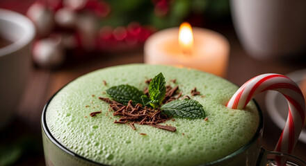 Festive Mint Chocolate Beverage with Candle and Candy Cane for Christmas Holiday