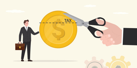 Tax deduction or reduction concept, businessman holding money, salary, metaphor for paying taxes. Giant hand uses scissors and cut part of golden coin. Local or state taxes