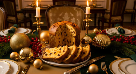 Festive Italian Christmas Panettone Cake with Candles and Festive Decorations on Table