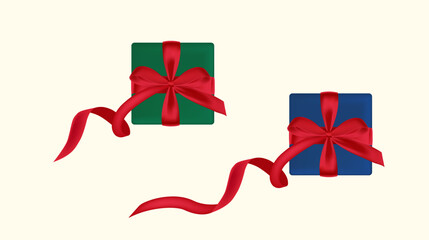 Set of holiday present blue and green with red bow. Gift box for use in card of women day, birthday, Christmas. Top vie, vector
