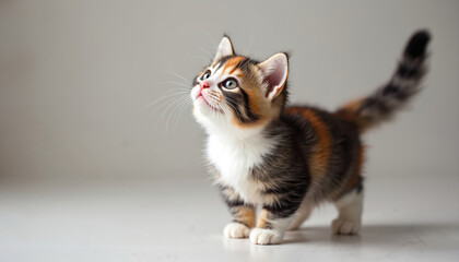 Obraz premium Cute Munchkin kitten looks upwards. Tricolor cat with short legs is curious. Adorable playful pet stands indoors. Sweet fluffy animal with amazing fur.