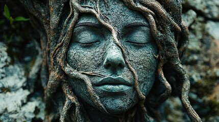 Mystical ancient stone face with closed eyes, intertwined with tree roots, evoking serene nature and deep connection, perfect for meditation and spiritual themes