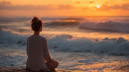 Fototapeta premium A young woman with brunette hair watches the sunset over the ocean, creating a serene and reflective mood.