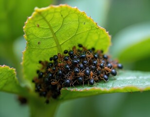 Macro view of black aphids on green plant leaf underside. Many small ants tend to large aphid colony, diligently collecting sweet honeydew. Insect pest infestation severely damages garden crop