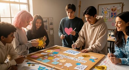 Creative group activity with kindness board for inspirational team building and community engagement