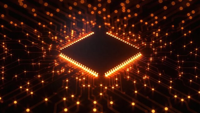 Abstract Digital Circuit Board with Glowing Microchip and Data Streams.