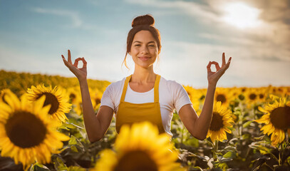 Donna in una campo di girasoli fa il gesto yoga