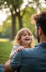 Fototapeta premium Smiling girl sits on dads lap in park. Young child looks up lovingly at father with wide happy eyes. Casual outdoor family bonding moment. Happy childhood.