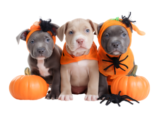 Cute Halloween American Bully Puppies in Orange Costumes with Pumpkins isolated on a transparent background