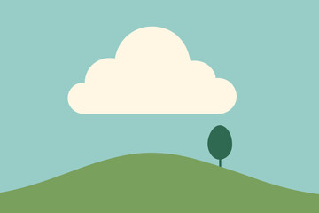 Fototapeta premium Vector minimalist silhouette floating above green flat small landscape cloud hill illustration