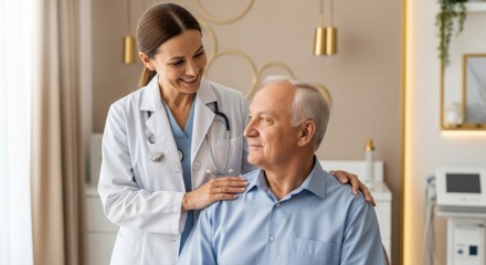 Fototapeta premium Compassionate healthcare interaction between doctor and elderly patient in medical office