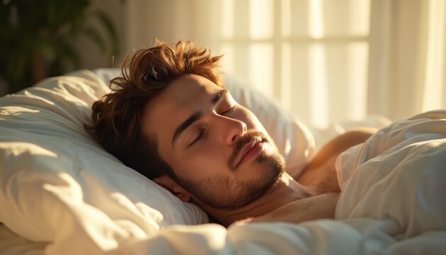 Young man sleeps peacefully in bed. Warm sunlight gently illuminates his face. He rests comfortably under white covers in a serene bedroom setting.