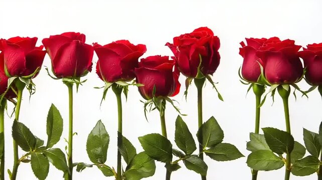 A row of vibrant red roses with green leaves on a white background.