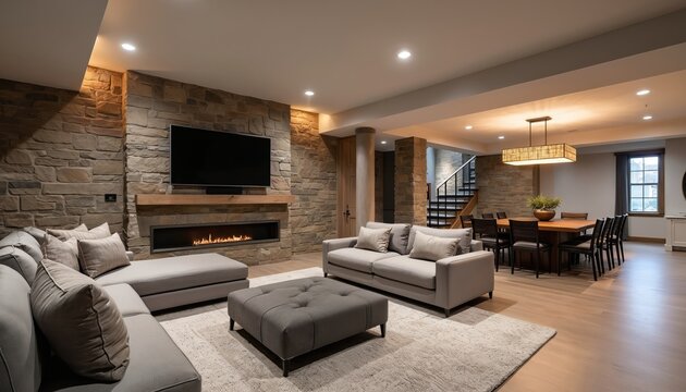 Cozy modern basement living area with stone fireplace, comfortable sofas, and dining space. Includes TV, wooden floors, and soft rug for relaxation.