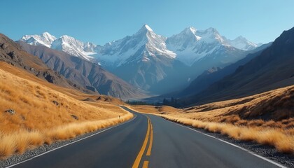 Fototapeta premium Winding highway runs through golden grassy mountains with snow peaks on horizon. Empty road in mountains offers travel to picturesque destination. Trip in nature offers freedom, joy. Scenic landscape