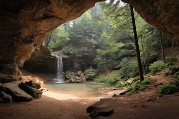 Obraz premium Ash Cave in Hocking Hills: A Scenic Geologic Wonder with Waterfalls and Stone Formations