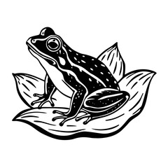 Artistic black and white silhouette of a frog on lily pads isolated on white background silhouette