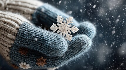 Fototapeta premium Close-up of a person's hands in knitted mittens, gently holding a delicate snowflake, surrounded by softly falling snow.