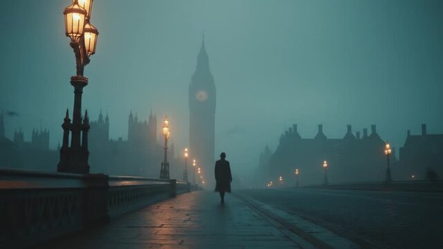 Silhouette walking toward lit landmark on foggy street at dusk