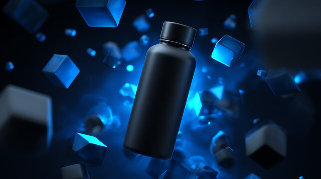 A sleek, matte black bottle floats suspended in a dark, atmospheric environment surrounded by glowing blue cubes and ethereal smoke.