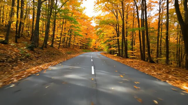 Autumn Forest Road Background: Vibrant Fall Foliage Seamless Video