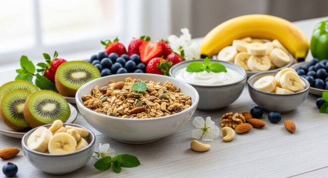 Healthy breakfast with granola and fresh fruits for world quality day celebration