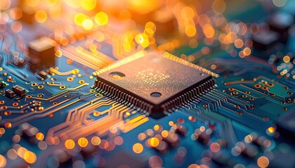 Close up macro view of a central processor microchip on a blue printed circuit board with glowing orange digital circuit lines and bokeh effect suggesting advanced technology and innovation