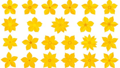 Array of vibrant, stylized, golden yellow floral illustrations