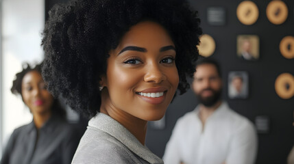 Confident businesswoman smiling in modern diverse corporate office