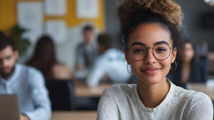 Portrait of a young professional woman wearing glasses and a white blouse, smiling confidently in a modern coworking office environment.