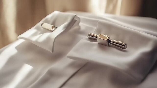 Close-up of polished metal cufflinks on a white dress shirt.