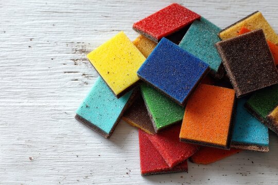 Vibrant Eva Foam Pieces in a Kaleidoscope of Colors on a White Wooden Background