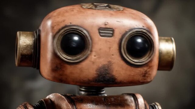 Close up of a weathered robot head with large eyes metallic details