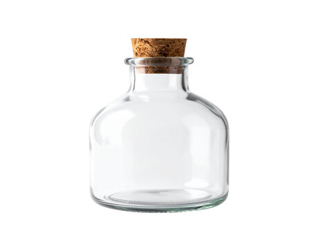 isolated empty glass bottle with cork stopper, clean transparent container for liquid or decoration