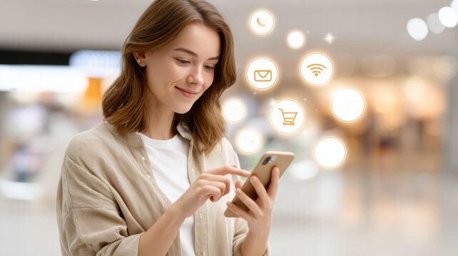 personalized customer experience. A woman using a smartphone with digital icons in a modern setting.
