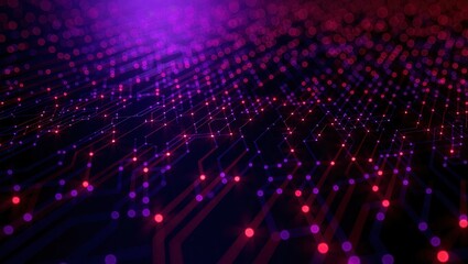 Abstract Network of Red and Purple Lights in a Technological Landscape.