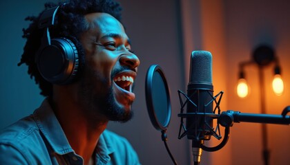 Happy Black man wears headphones, speaks into pro studio microphone with expressive gesture. Smiles widely, records engaging audio content, creating podcast episode. Speaker broadcasts voice,