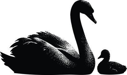 Mother swan with baby duck silhouette, black and white wildlife scene, peaceful nature concept, cad drawing flat vector illustration, elegant bird family design, minimalist art composition,
