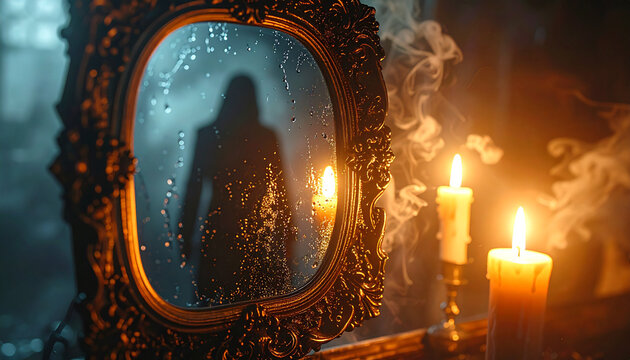 Echoes of Mystery: An atmospheric composition unveils a shadowy figure reflected in an antique mirror, illuminated by the flickering glow of candles and swirling vapor.