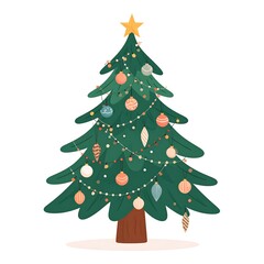 Fototapeta premium Festive decorated tree with ornaments, star, and lights against white