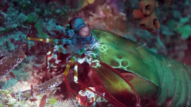 Observe a vibrant Peacock Mantis Shrimp, Odontodactylus scyllarus, nestled amidst the colorful coral reefs. This captivating encounter unfolds underwater in the Philippines.