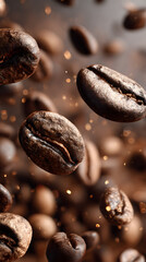 Close-up roasted coffee beans in motion with glowing particles and warm light