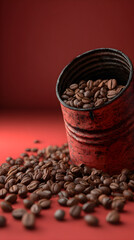 Rustic red metal container filled with roasted coffee beans on red background