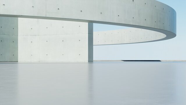 3d render of abstract modern concrete architecture background, Minimal circle geometry architectural design, Car presentation backdrop with empty concrete floor, Geometric white blocks building design
