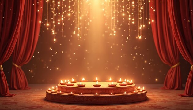 Ornate circular tiered podium holds many lit oil lamps. Red velvet drapes frame warm golden background with sparkling lights. Festive scene suggests Indian holiday celebration, cultural ceremonial